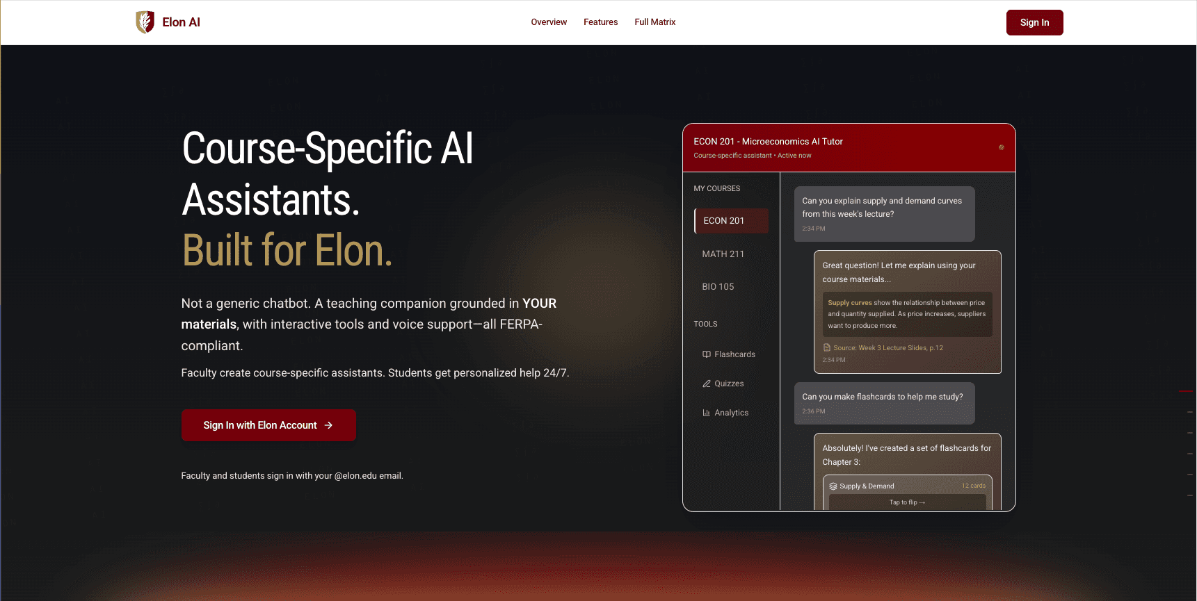 Elon AI course-specific tutoring interface showing grounded responses and interactive study tools